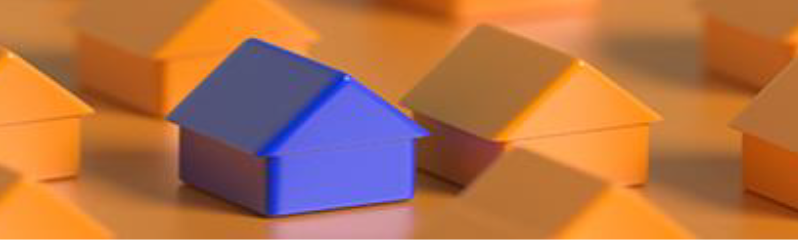 Orange house-shaped game pieces with focus on lone blue one